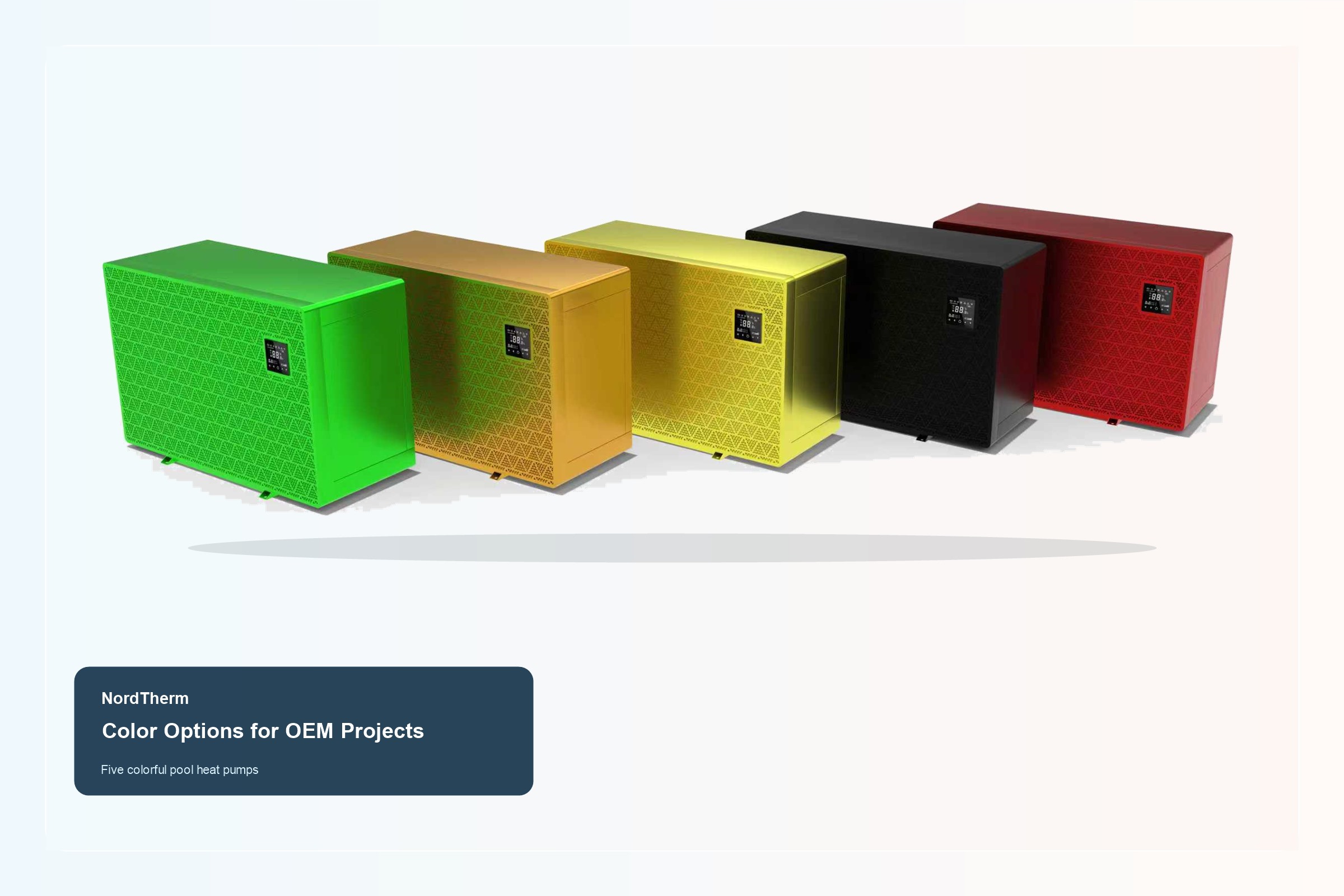 Five colorful pool heat pumps
