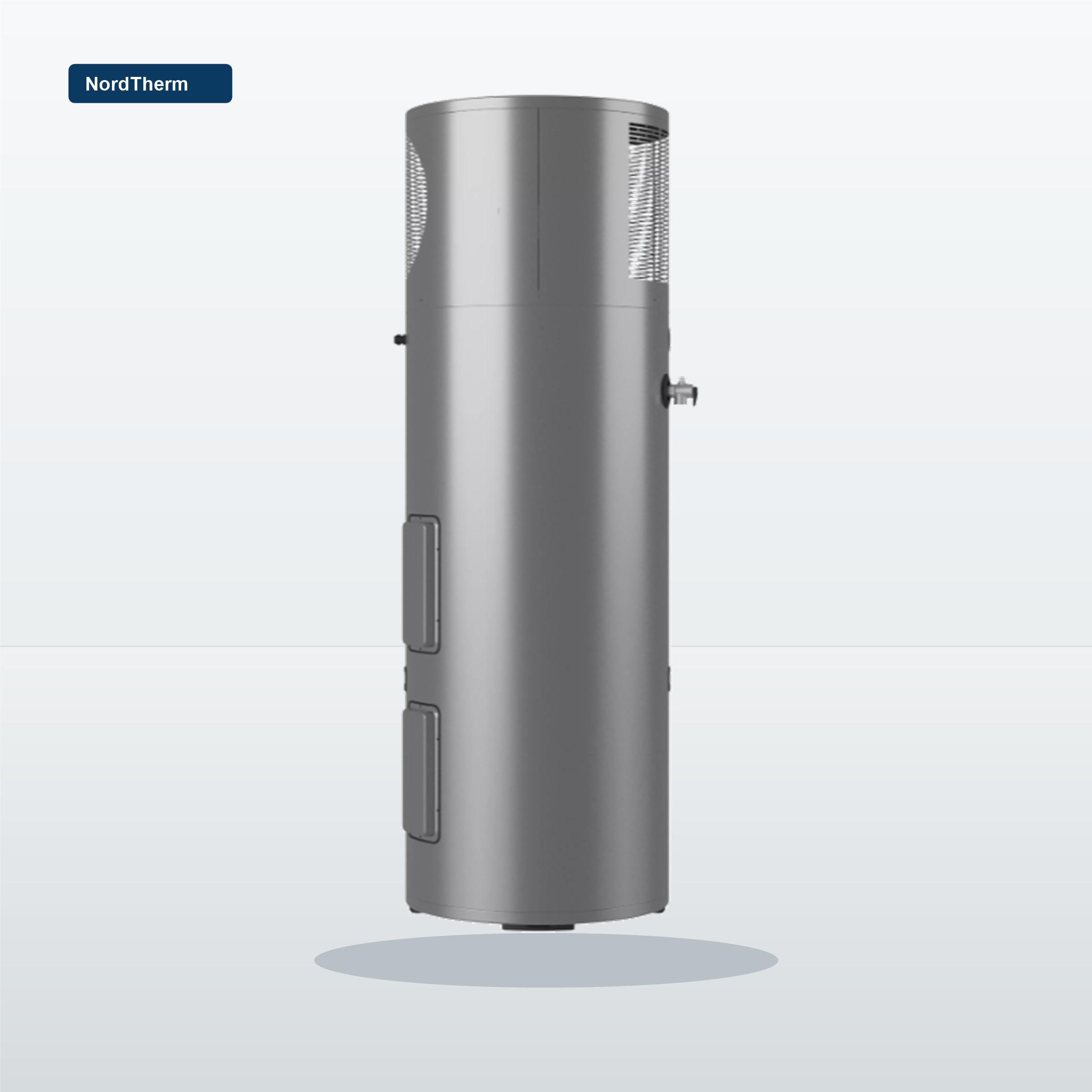 Heat pump water heater angled view 