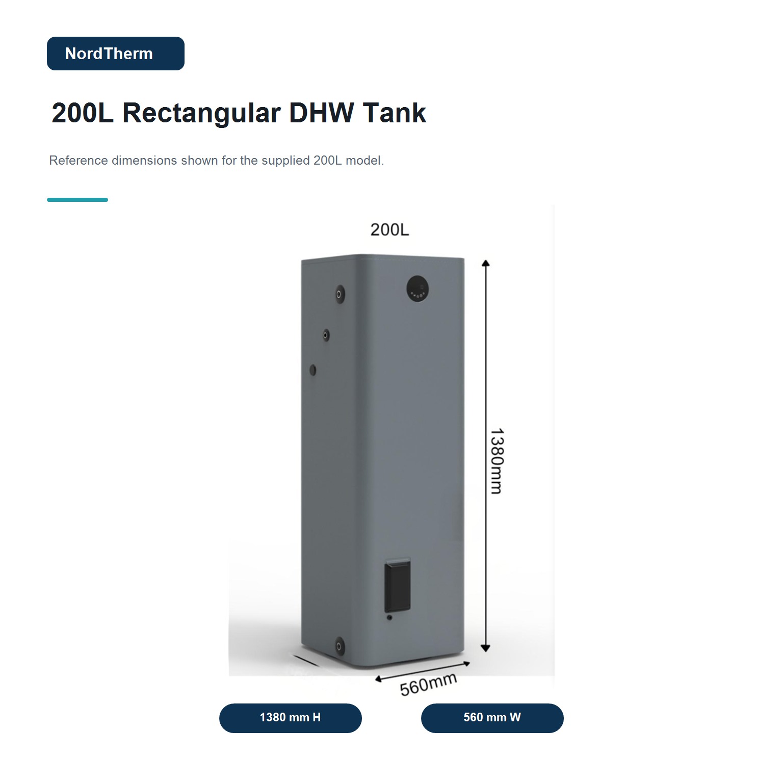 NordTherm 200L rectangular DHW tank reference size, 1380 mm 