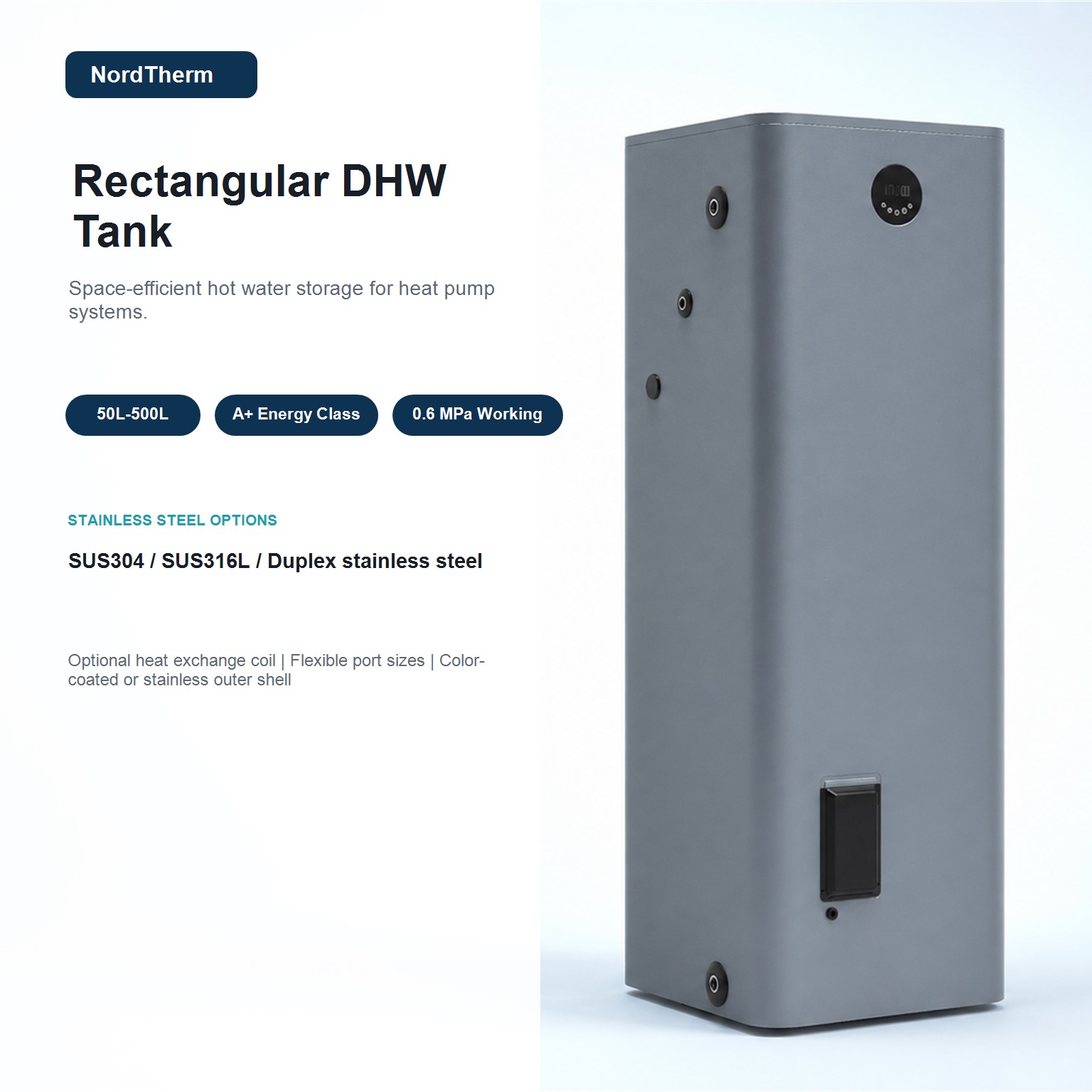 rectangular DHW tank with 50L to 500L capacity and stainless