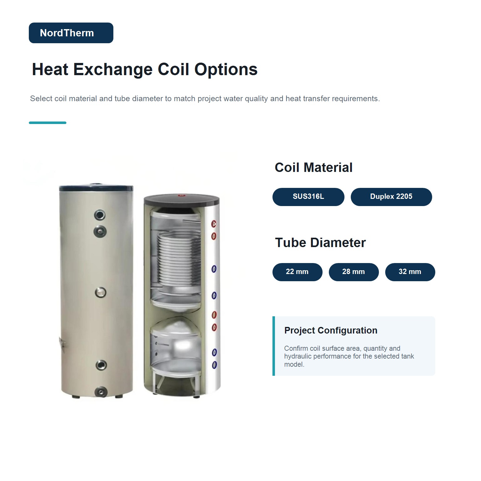 Stainless steel heat exchange coil options for NordTherm mul