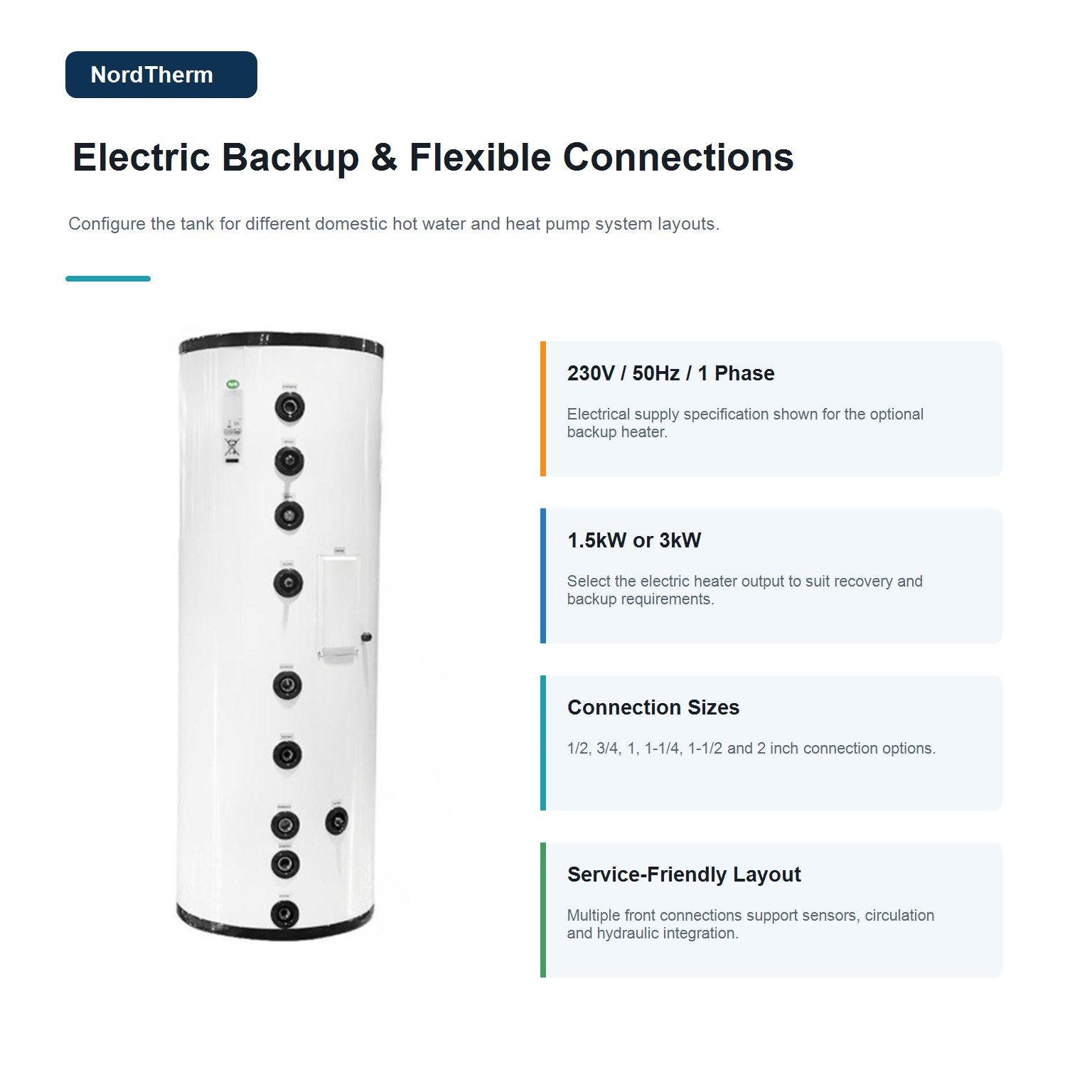 DHW tank electric backup heater and flexible connection layo