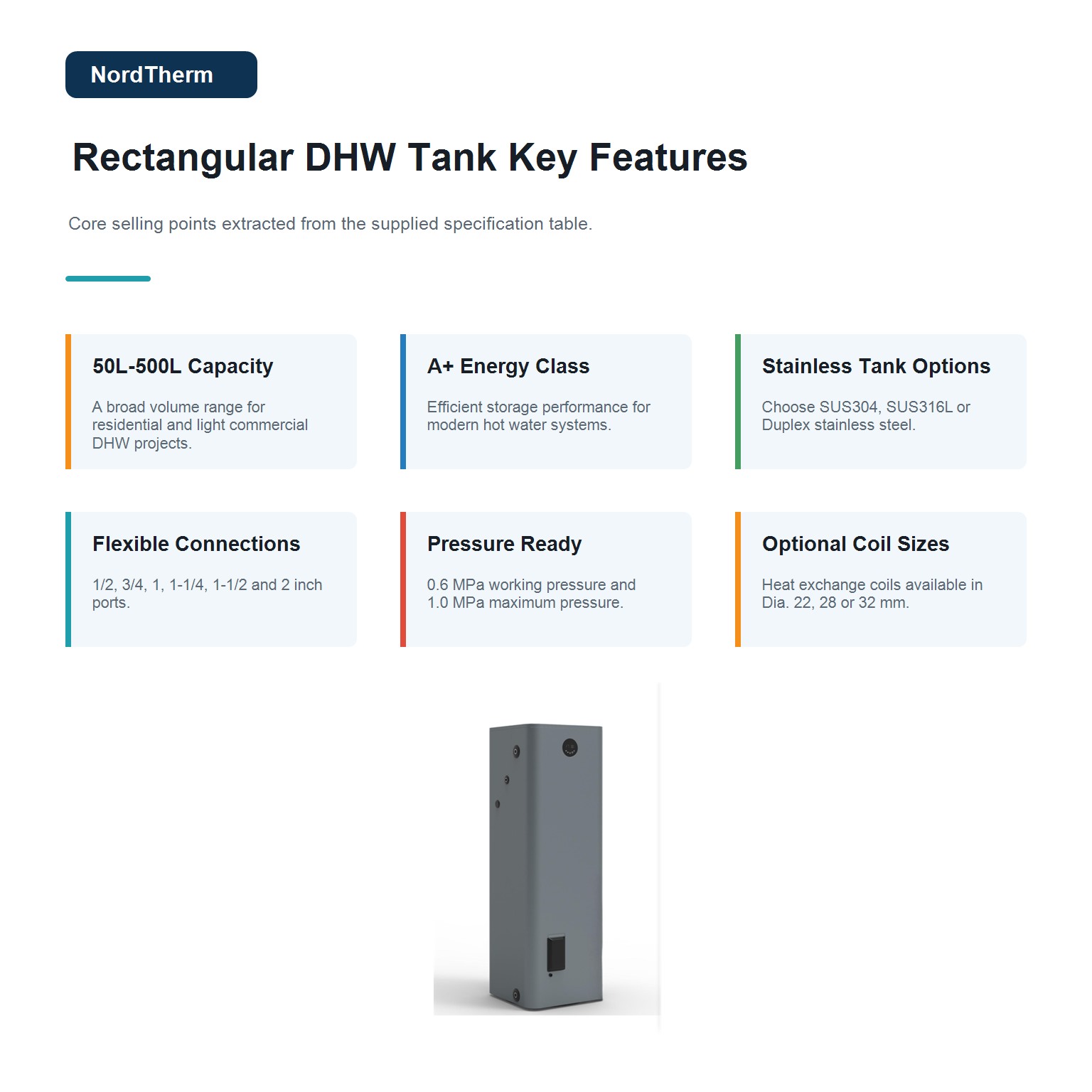 KKey features of rectangular DHW tank for heat pump 