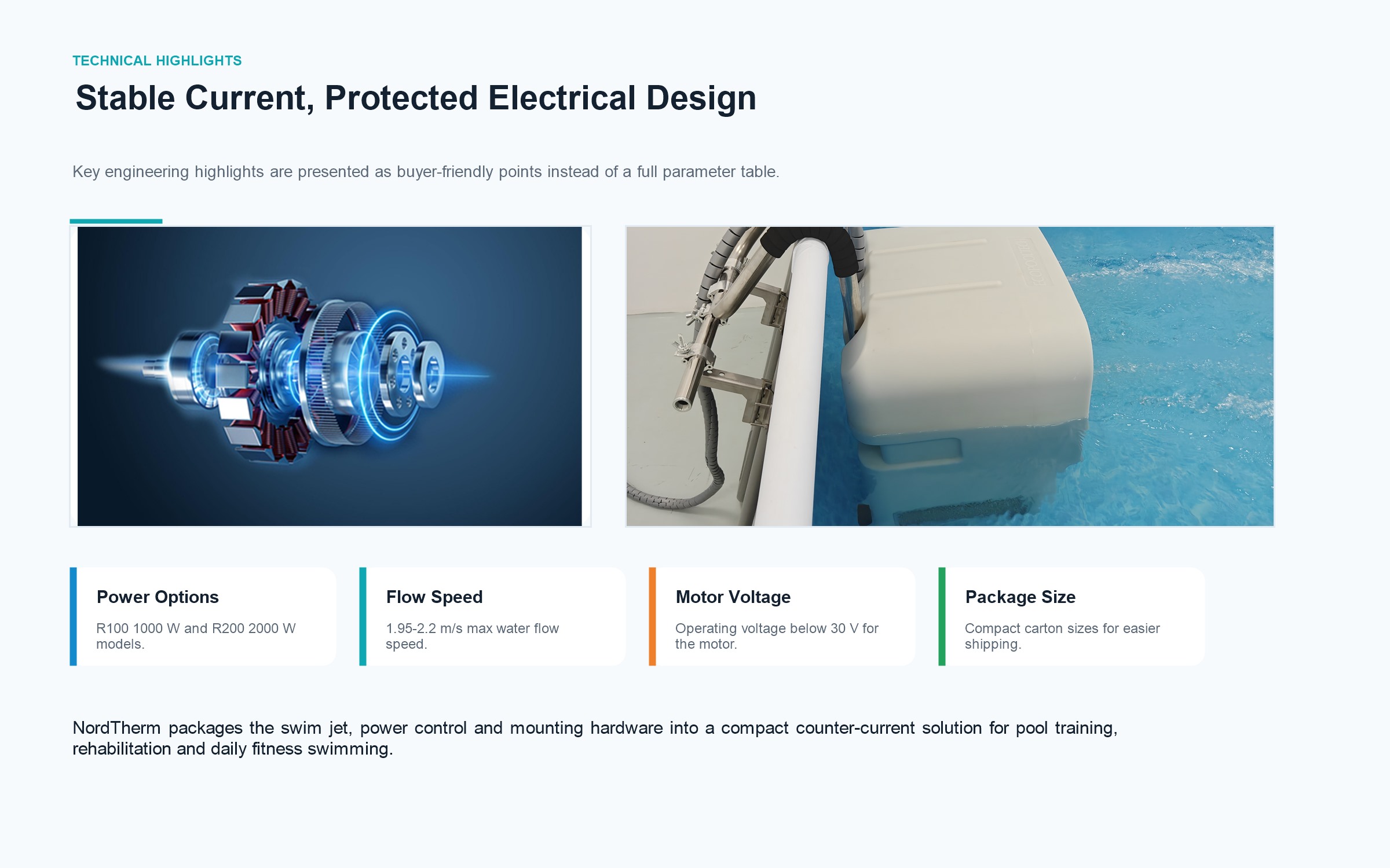 Swim jet motor and pool installation